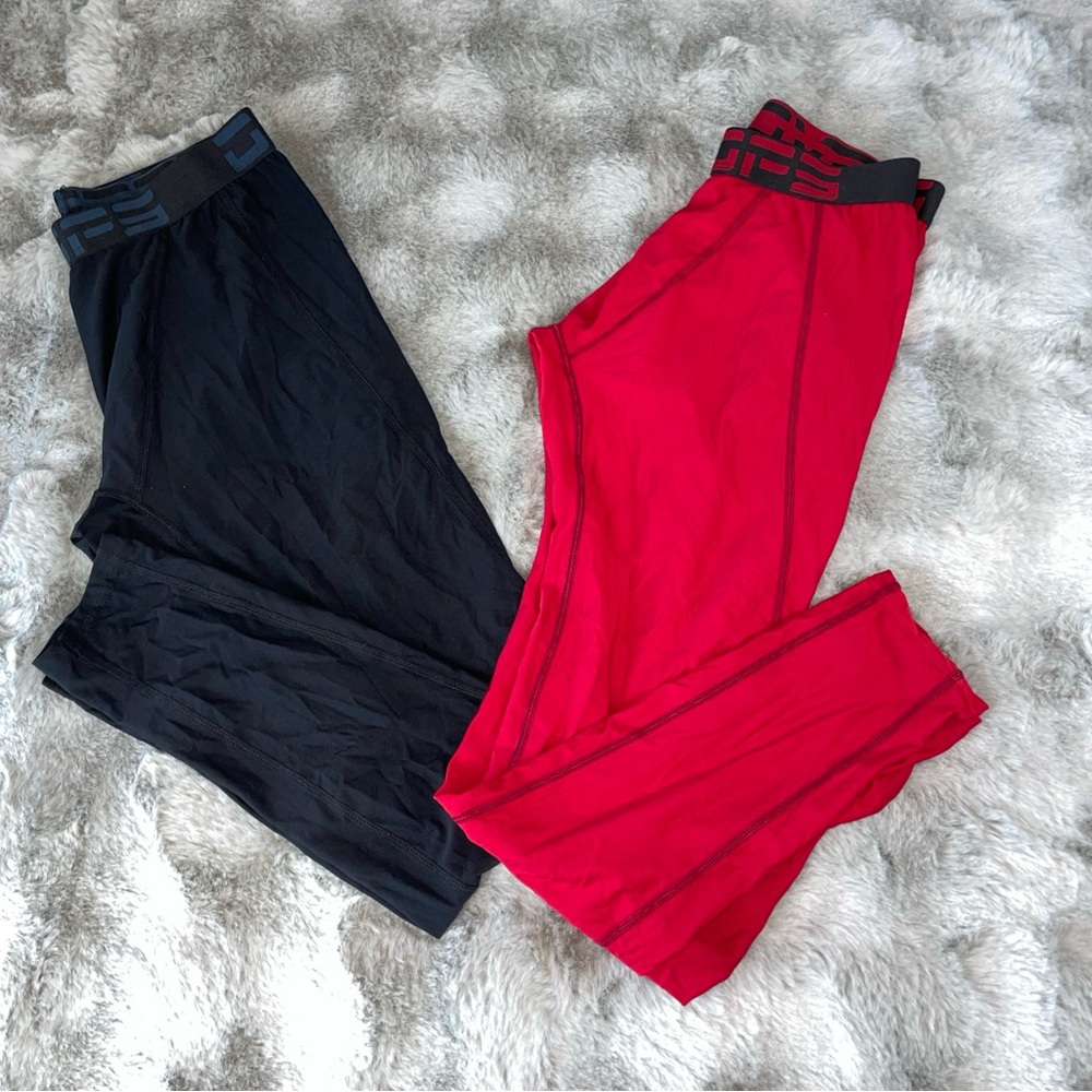 Devops Mens Compression Leggings Bundle 2 PK Black Red Athletic Tights SZ M-0679